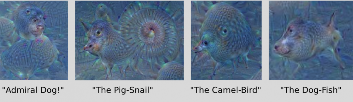 four strange hybrid animals found in a clear blue sky photo by artificial intelligence neural networks four examples of AI networks idetifying strange animals from a photo of a clear blue sky