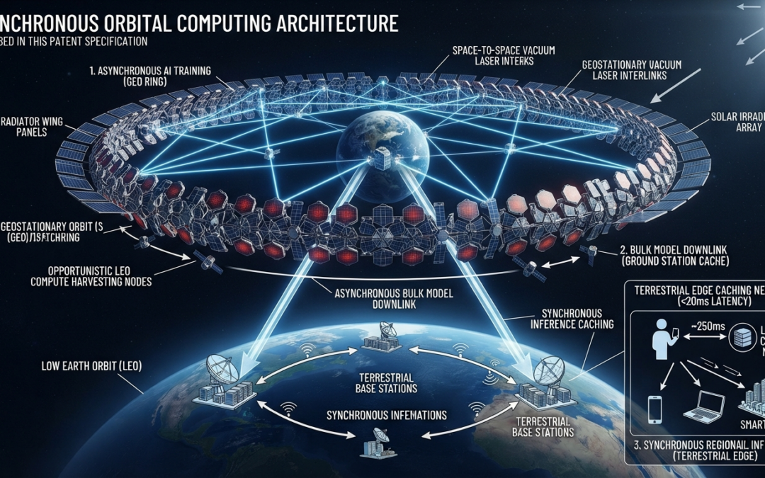Asynchronous Orbital Computing Architecture with Distributed Deep-Space Processing and Terrestrial Edge Caching for Low-Emission AI Synthesis